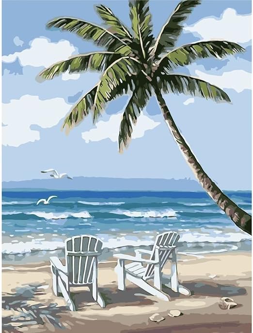 RMANA Acrylic Paint by Number Landscape On Canvas Art for Beginner Adults Students Teens Painting by Numbers DIY Arts Crafts Numero Advanced Abstract Sunny Beach Palm Tree Colorful Box Christmas Gift