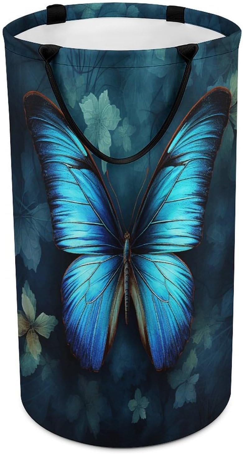 Blue Butterfly Pattern Laundry Basket Large Foldable Laundry Hamper with Handles Freestanding Collapsible Clothes Basket Waterproof Portable Dirty Clothes Hamper for Bathroom 86L