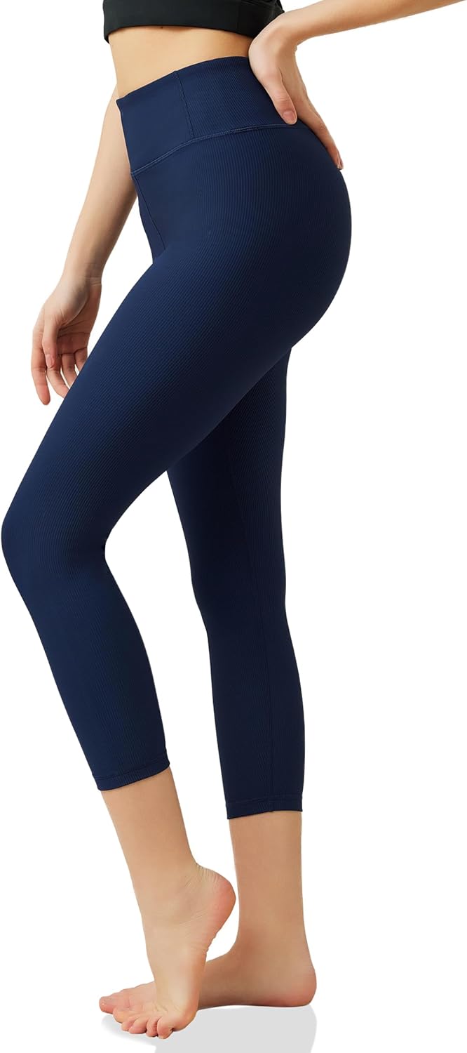 AARYA Women Capri Leggings Ribbed Workout Gym Running Yoga Pants High Waisted 21″ Inseam