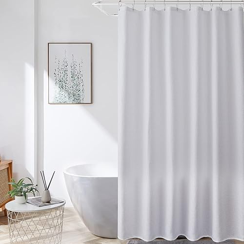 Vista 28 de Cortina de ducha de tela blanca con tejido de gofre de 72 x 72 pulgadas, forro de cortina de ducha de tela texturizada resistente, cortinas de ducha