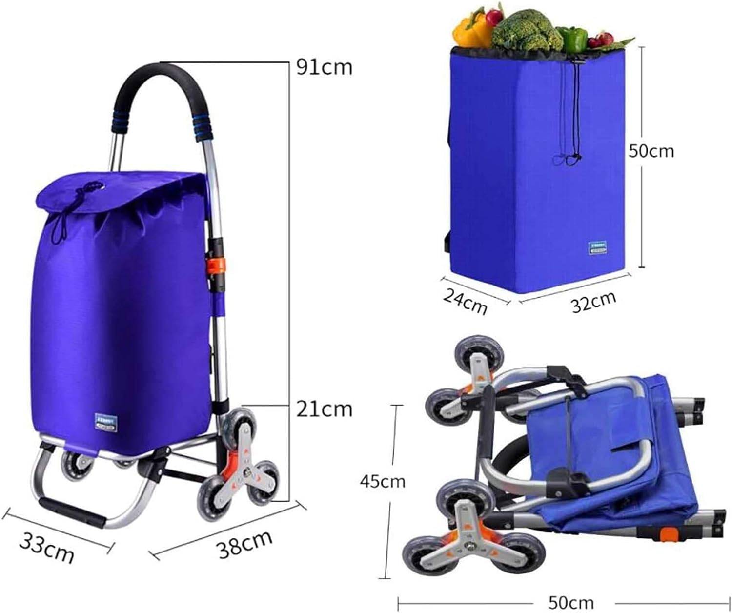 Folding Shopping Cart 2 in 1 Shopping Trolley Waterproof on 6 Wheels Stair Climber with Removable Bag, Labor Saving for Climbing Stairs-Orange