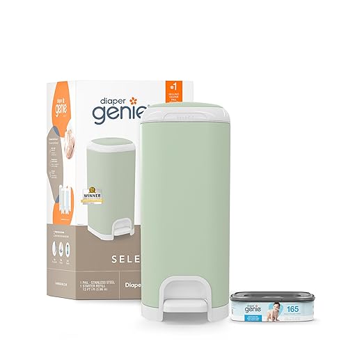 Diaper Genie Select Pail (Green) is Made of Durable Stainless Steel and Includes 1 Starter Square Refill That can Hold up to 165 Newborn-Sized Diapers.