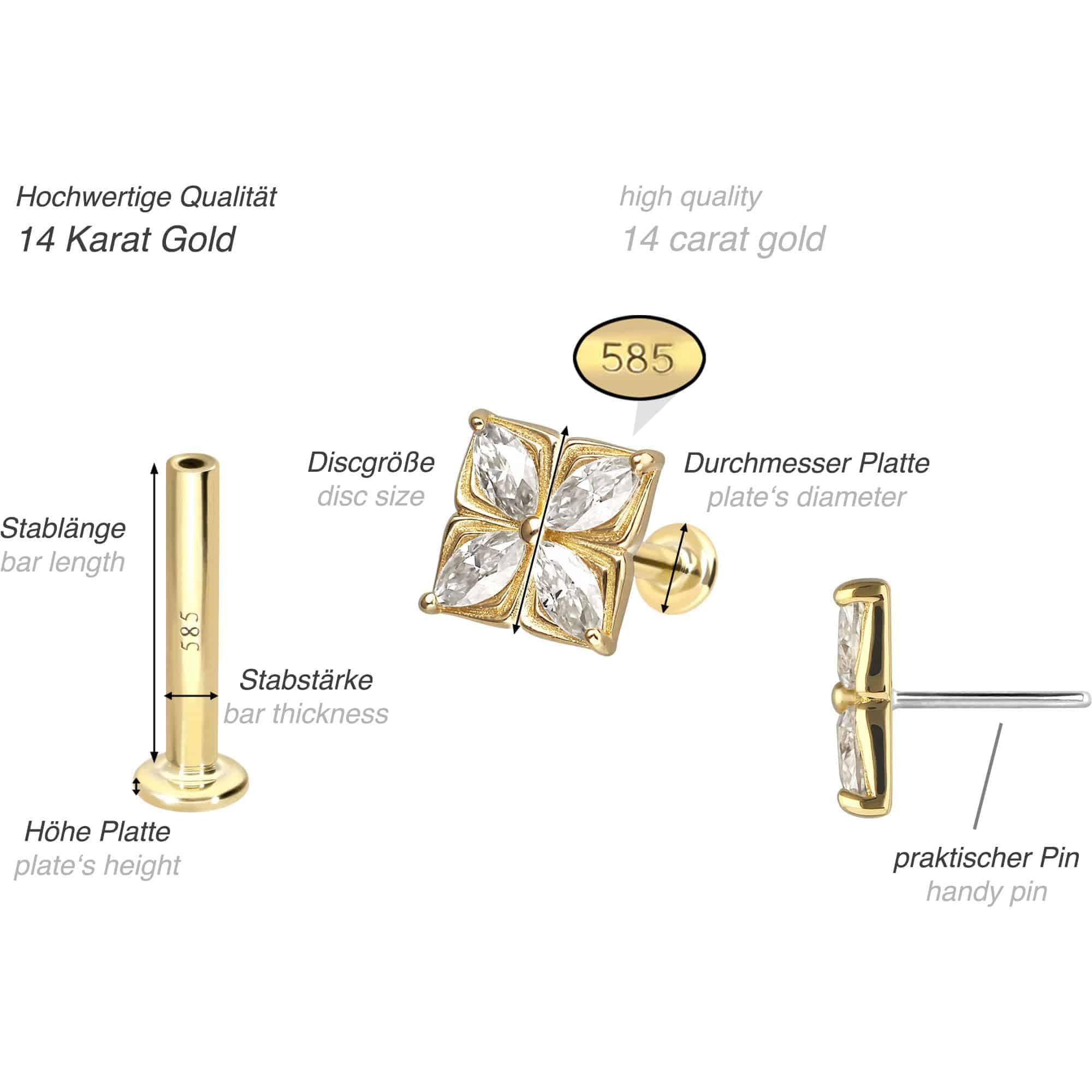 PIERCINGLINE Piercing Stecker 14 Gold Labret mit Push Fit MOISSANIT-BLUME 585er Gold - Roségoldfarben, Goldfarben, Silberfarben