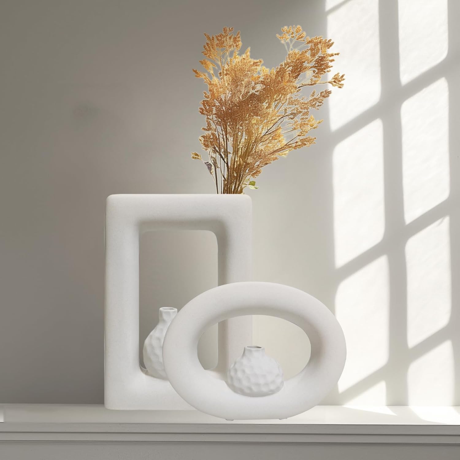 Generic Two-Piece Set of Matte Textured Ceramic vases, Unique Artistic Design, Bohemian Style, Suitable for Home Decoration. (Rectangle and Ellipse), Clay Yellow, TCHP-001