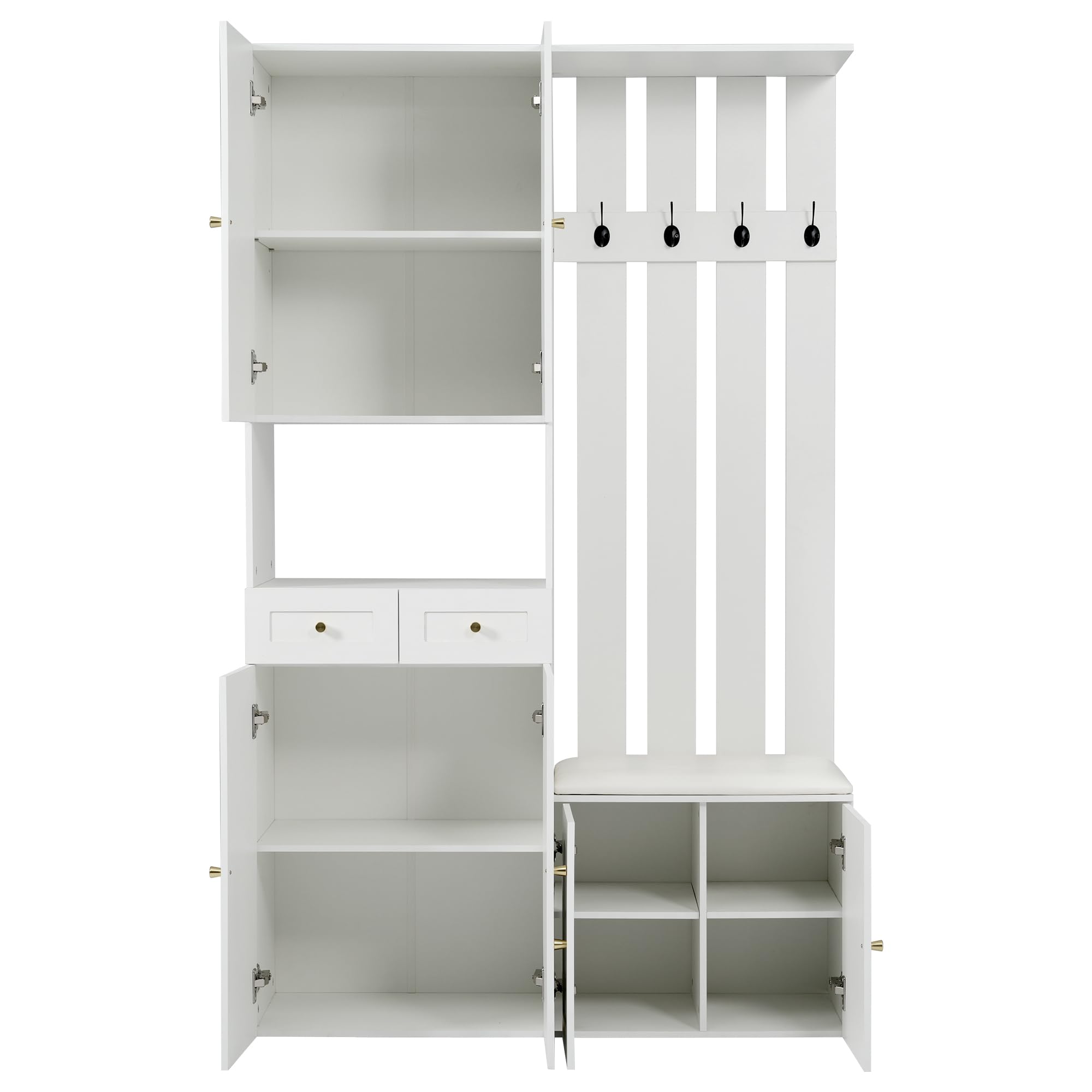 Garderobenset mit Schuhbank und Schuhrank, 4 Haken, 6 Türen, 2 Schublade, Weiß, B110×H180×T37cm