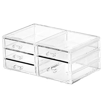 Office Desktop Storage Box,Rectangular Desktop Drawers,Plastic Makeup Storage,Containers Bins With Drawers Desk Organization Pull Out Small craft Storage Case Box Cube,Pack of 1 Clear, 5 Drawers
