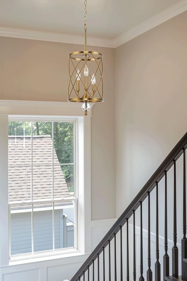 Kira Home Eleanor 27" Modern 3-Light Geometric Gold Lantern Chandelier, Cylinder Trellis Cage Gold Pendant Light with Crystal Finial, Warm Brass Finish by Kira Home - Used condition - Image 6