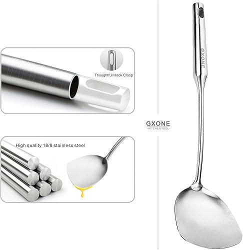 Vista 42 de Cucharón de sopa, cucharón de cocina de acero inoxidable 304, herramientas para wok con mango largo de madera, resistente al calor, plata/14.6
