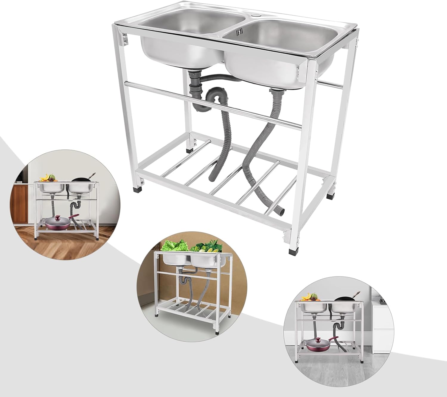 Kitchen Utility Sink,Commercial Restaurant Washing Basin,12.6 * 12.6 * 6.3in Double Bowl Sink Set,330lbs Free Standing Sink with 360°Faucet & Drainboard for Bar,Backyard (32.7 * 17.3 * 30.3in)