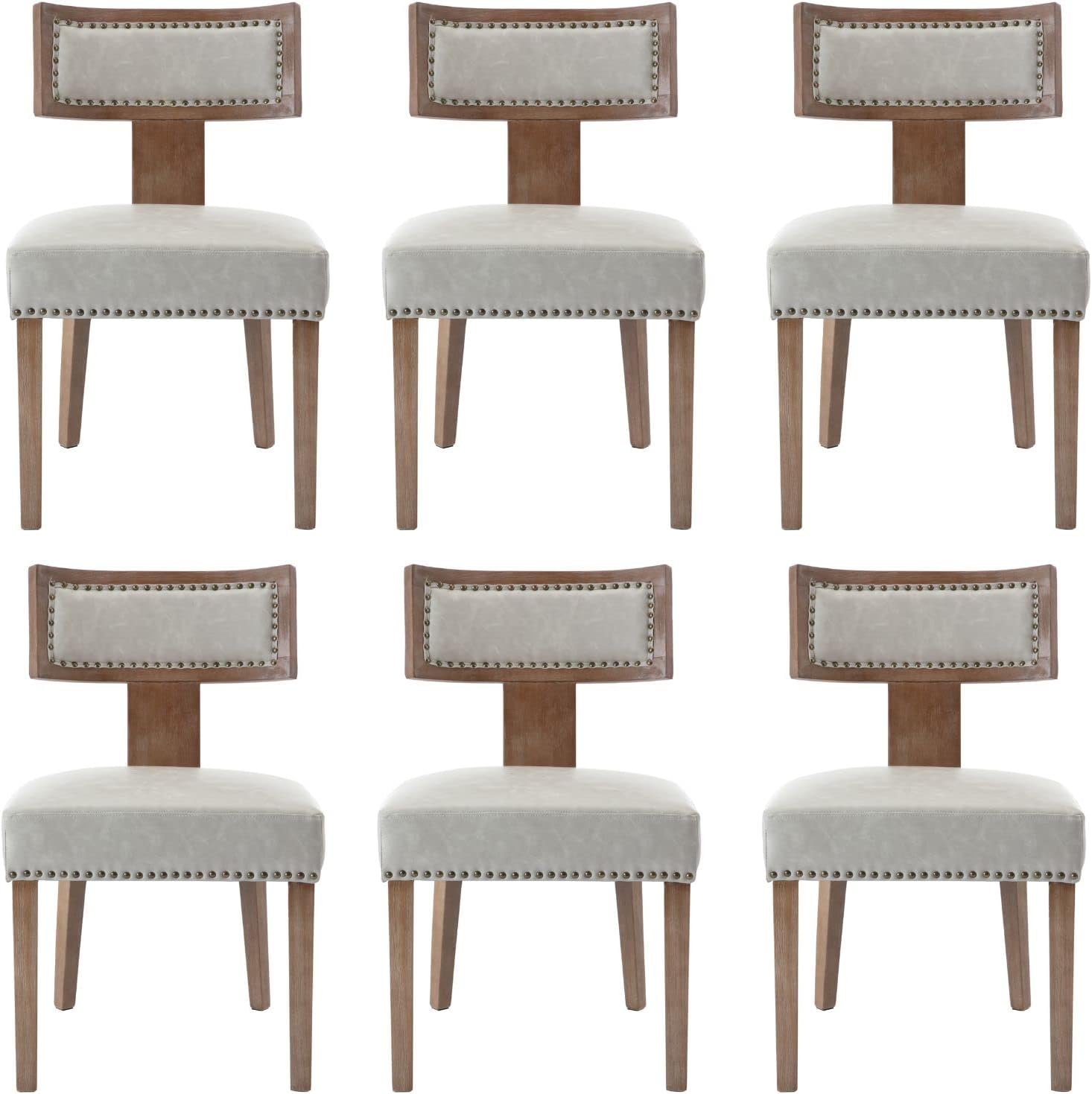 HNY Mid Century Modern Dining Chairs Set of 6, Farmhouse PU Leather Upholstered Accent Chairs Curved Nailhead Trim Backrest Kitchen Chairs, with Hardwood Frame, Grey
