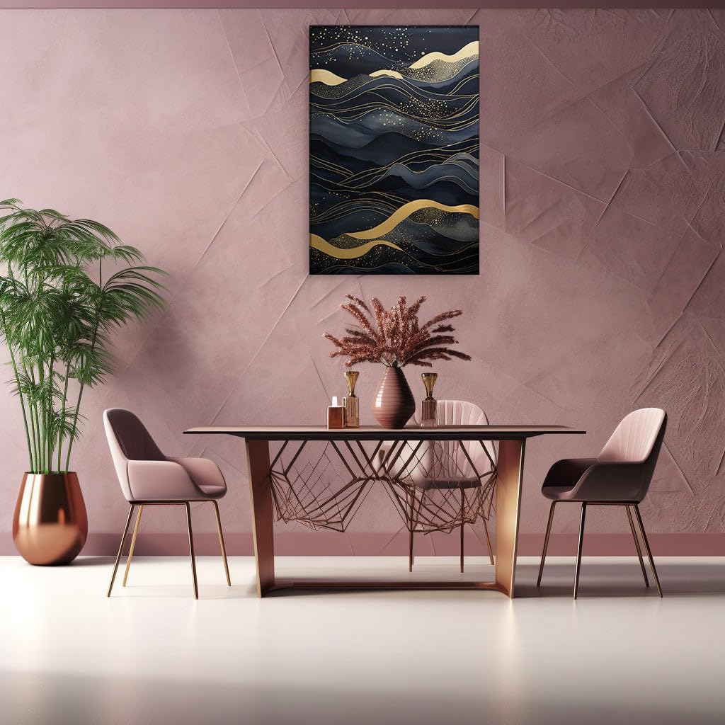 Art Wall: Dynamic Waves In Gold And Blue, a Mesmerizing Dance Of Light And Shadow. Interior Decor, Canvas Art Design, Arts Wall Decoration, Office Arts Design, Size: 69x46 cm (27x18 inch)