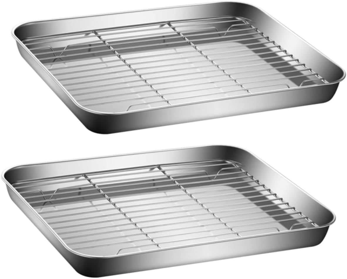 Unomor 2sets Stainless Steel Baking Pan Draining Rack Non-stick Cooking for Easy Cleanup for Baking Grilling and Barbecues