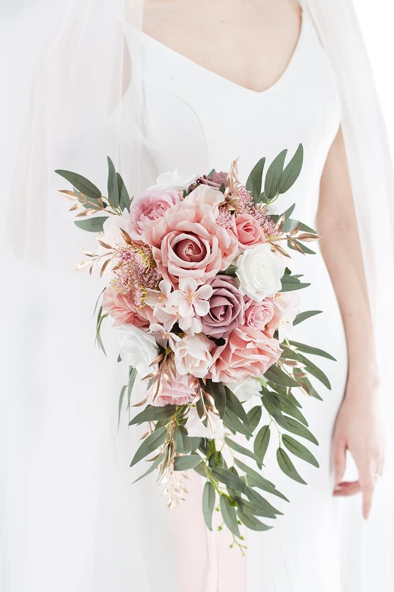 Ansofi 9" Dusty Rose Wedding Bouquets for Bride, Cascading Bridal Bouquet for Bride Artificial Silk Roses Flowers Tossing Bouquet for Wedding Ceremony Decor - Image 2