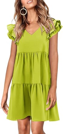 Summer Babydoll Dresses for Women 2026 Cute Ruffle Cap Sleeve V-Neck Flowy Swing Mini Dress Sundress