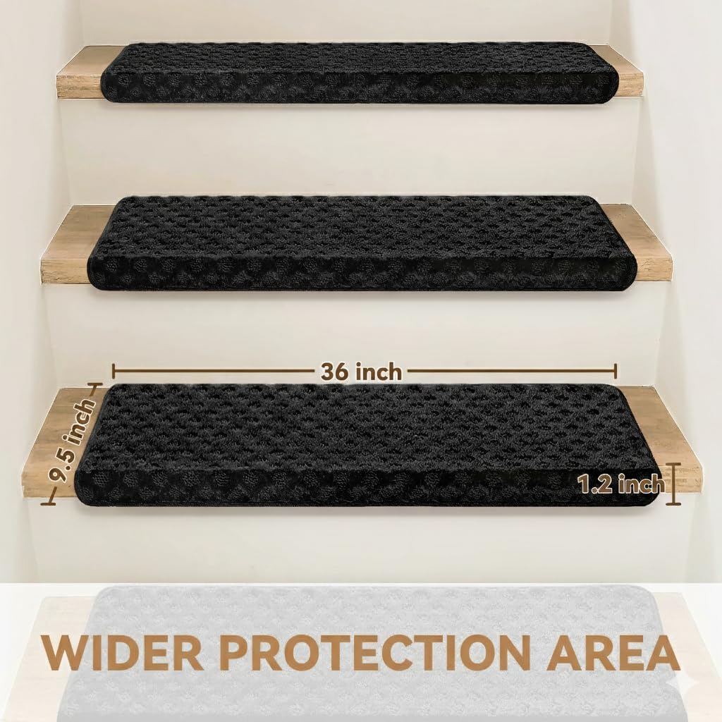 bullnose stair treads non slip 9.5" x 36", 14 pcs carpet stair treads for wooden steps indoor with edge protection, reusable peel and stick tpu backing stair runner rugs - lattice pattern black black (lattice pattern) 9.5*36 inch 14