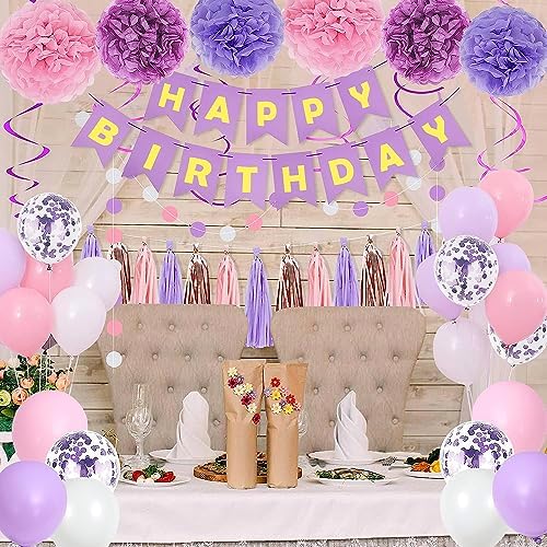 퍼플 핑크 생일 파티 장식, 여성용 생일 축하 배너, 벽걸이 소용돌이, 티슈 페이퍼 폼폼, 원형 도트 화환, 태슬 가랜드 퍼플 풍선 — 사진 5