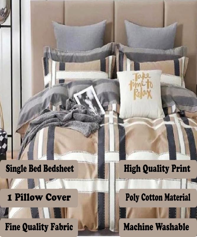 Image of Polycotton Single Bed Bedsheet, Flat Sheet with 1 Pillow Cover, Queen (60x90 inch), 300 TC, Grey & Cream, Set of 2