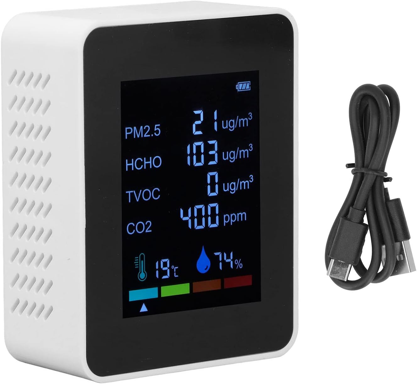 Front view of the CHICIRIS Air Quality Monitor with screen displaying readings