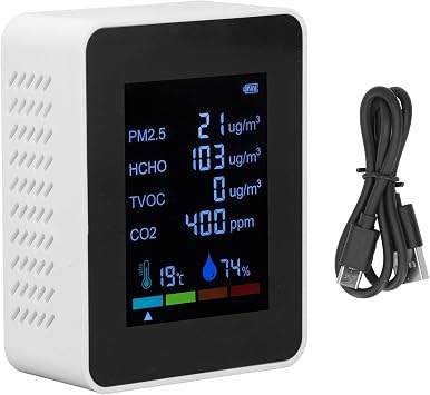 Air Quality Monitor, Multifunctional 6-in-1 CO2 Meter, Temperature, PM2.5, TVOC, HCHO Detector, USB Charging, for Homes, Offices, Schools