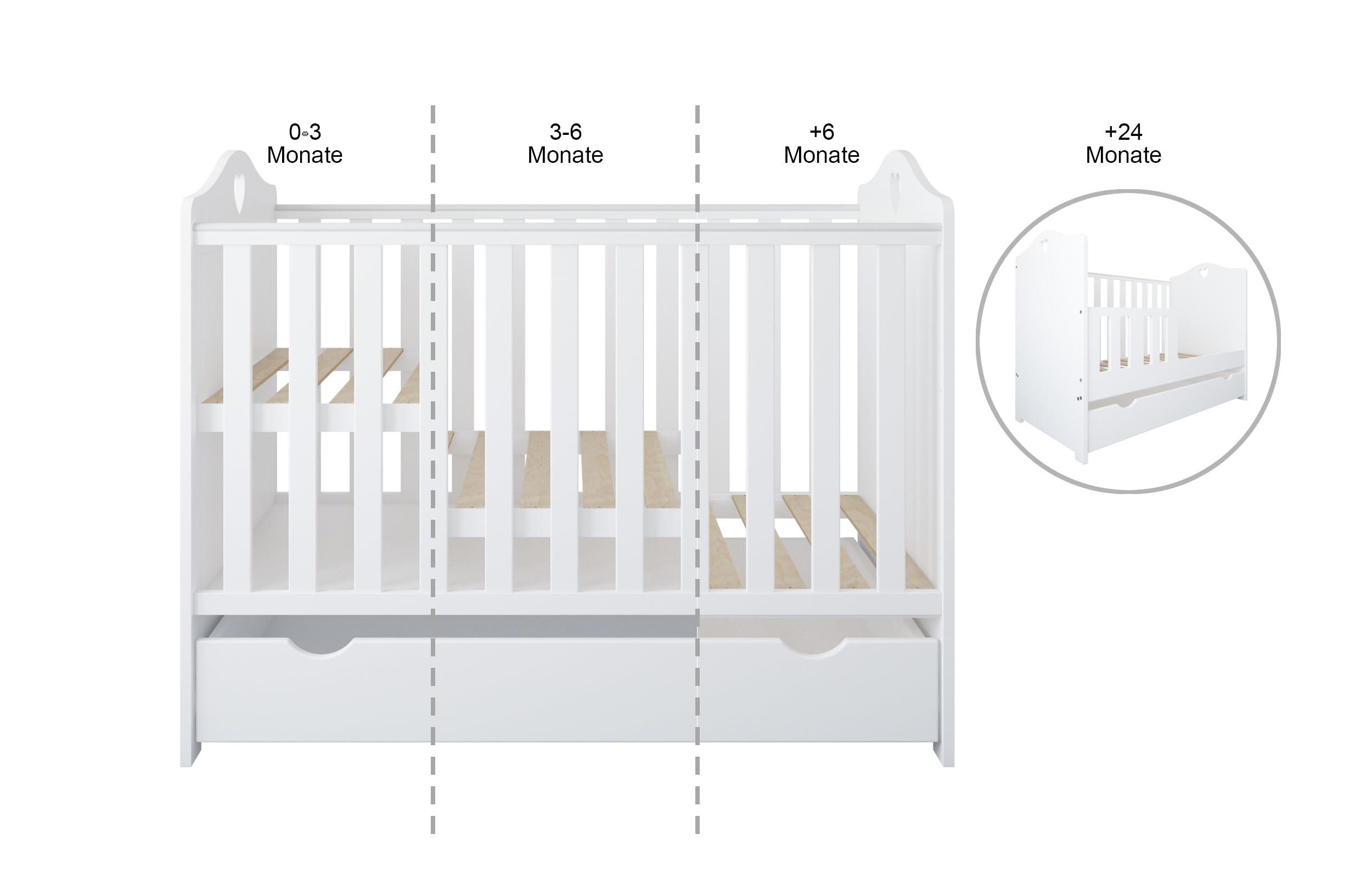 zee Set Cameretta Neonato Bianca Blu Lettino 120x60 2in1 Bella Con Cassetto e Sponda di Sicurezza + Cassettiera Fasciatoio CUORI Con Fasciatoio 3 Cassetti