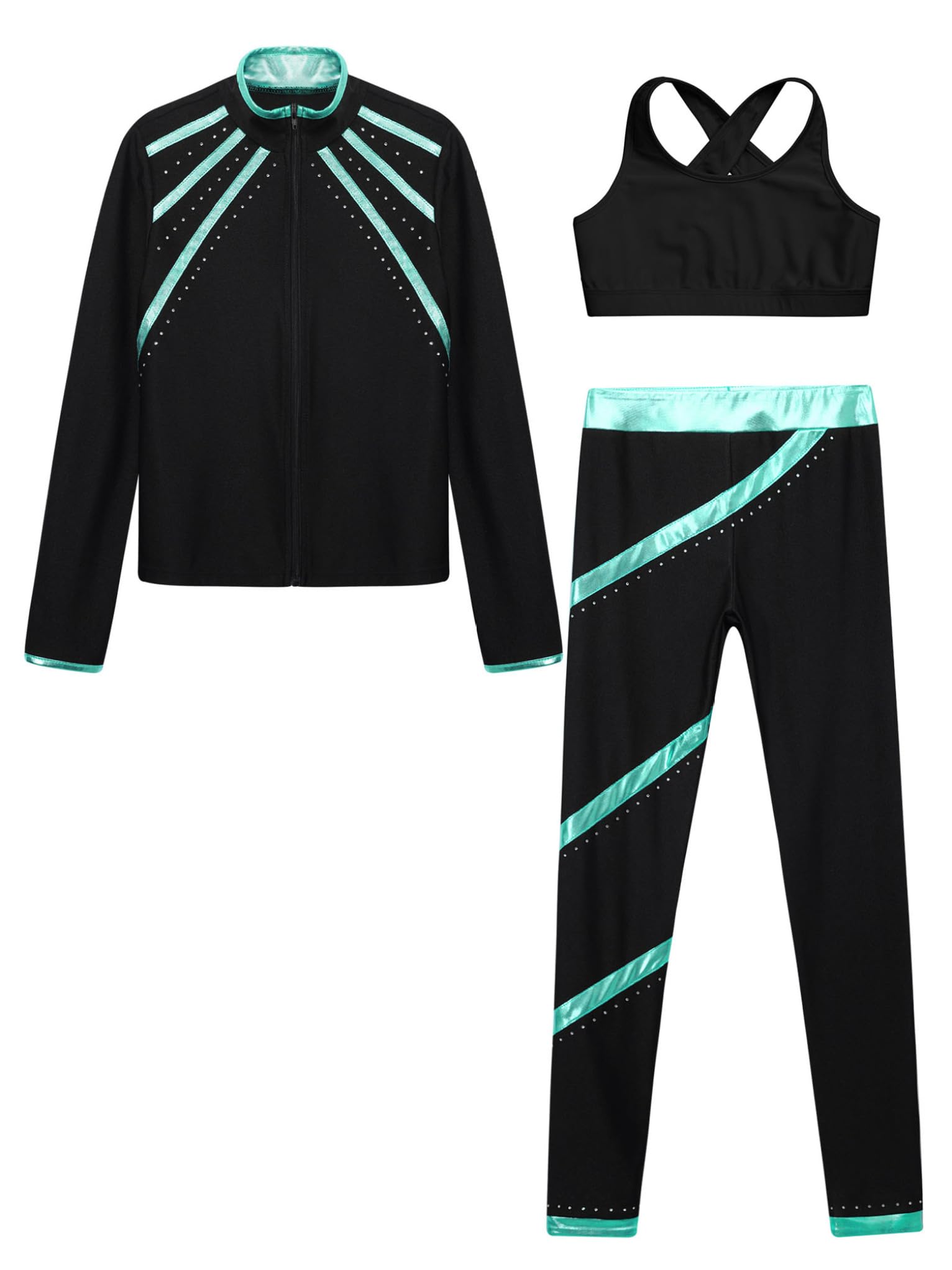 Conjunto de ropa de patinaje artístico para niños y niñas, manga larga, abrigo con cremallera + camiseta sin mangas + leggings de entrenamiento de gimnasia