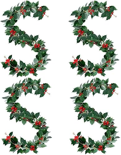 4 guirnaldas verdes de Navidad de 69 pulgadas, guirnalda artificial de hojas de acebo de invierno de bayas rojas de Navidad para interiores y
