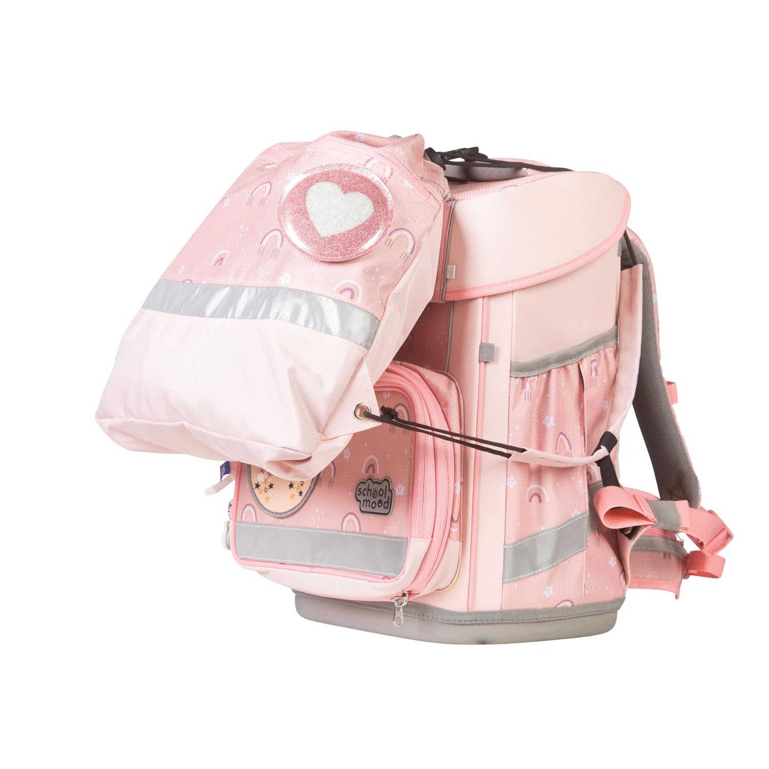 SCHOOL-MOOD Champion Pro Rainbow Schulranzenset 7-teilig 21,5L Stauraum, ergonomisches Easy Fit System für 1 m bis 1,50 m Körpergröße, standfest, wasserabweisender Stoff mit Reflektoren