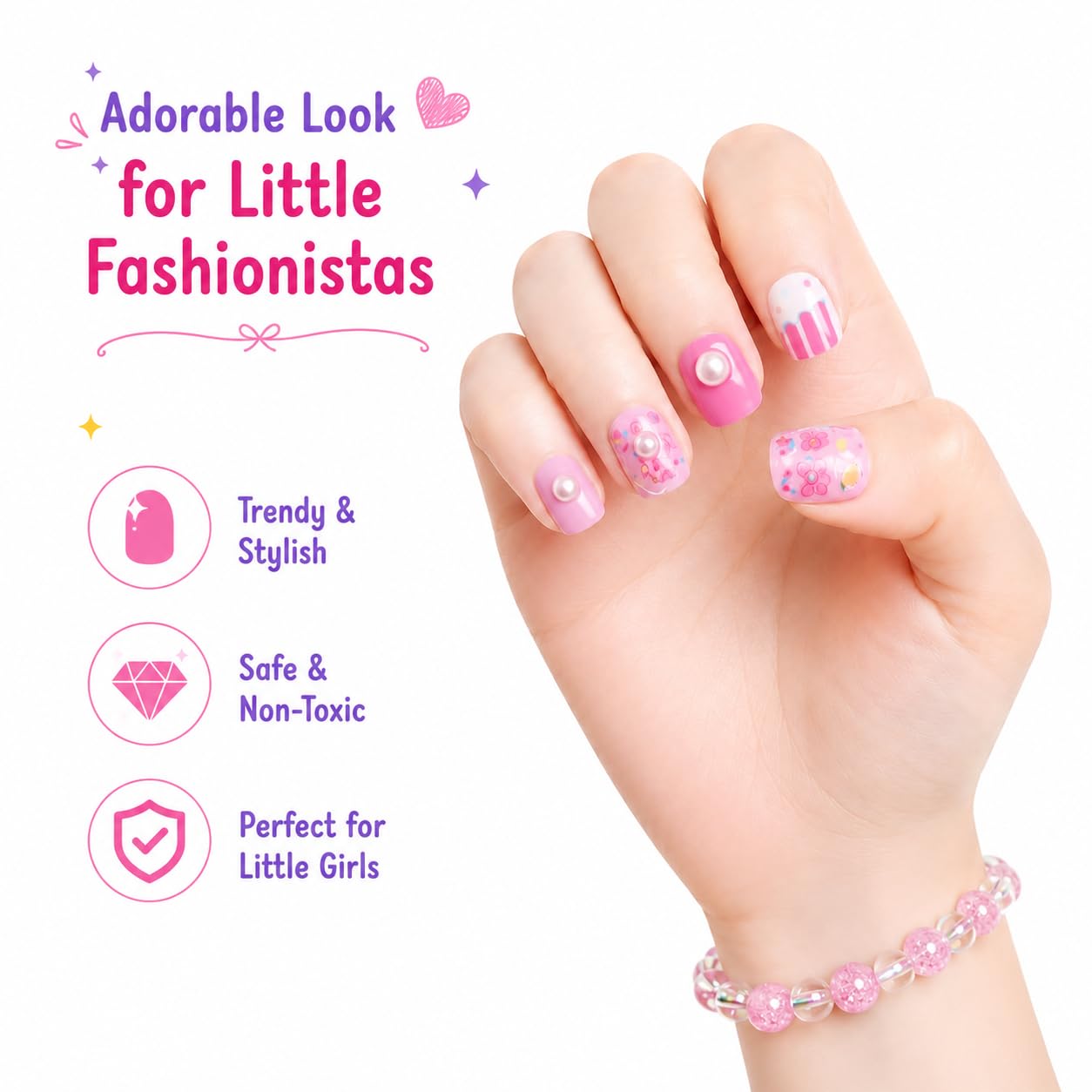 Kids Press On Nails for Girls with Bracelet | 12 Reusable Fake Stick On Nails | Cute Cartoon Nail Art Kit | Birthday Return Gift | Dress Up & Party Accessories Pink 4