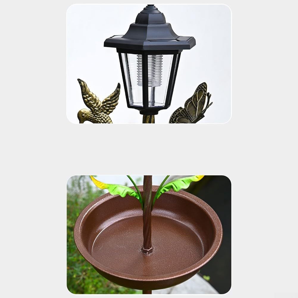Mangiatoia solare per uccelli e vasca da bagno, con luce automatica, in metallo robusto, decorazione da giardino, per cortile, fauna selvatica, finitura marrone, altezza 104 cm (antico)
