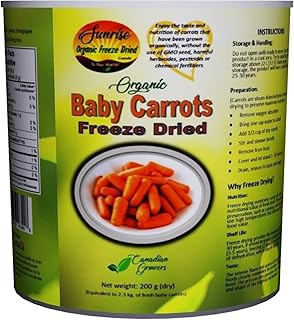 Freeze Dried Organic Baby-cut Carrots | Mini-carottes Biologiques Lyophilisées | Product of Canada | Emergency and Survival Food | 25-30 year shelf life | Large #10 can | Net wt: 200 g (equivalent to 2.3 kg of fresh baby carrots) | No additives or preservatives | Non GMO | Wholesome, delicious and nutritious!