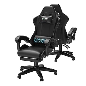 bigzzia Silla Gaming, Silla Ergonómica con Reposapiés para Videojuegos, Silla Gaming con Almohada Lumbar de Masaje y Reposacabezas, Altura Ajustable para Gaming, Estudio y Oficina (Negro)