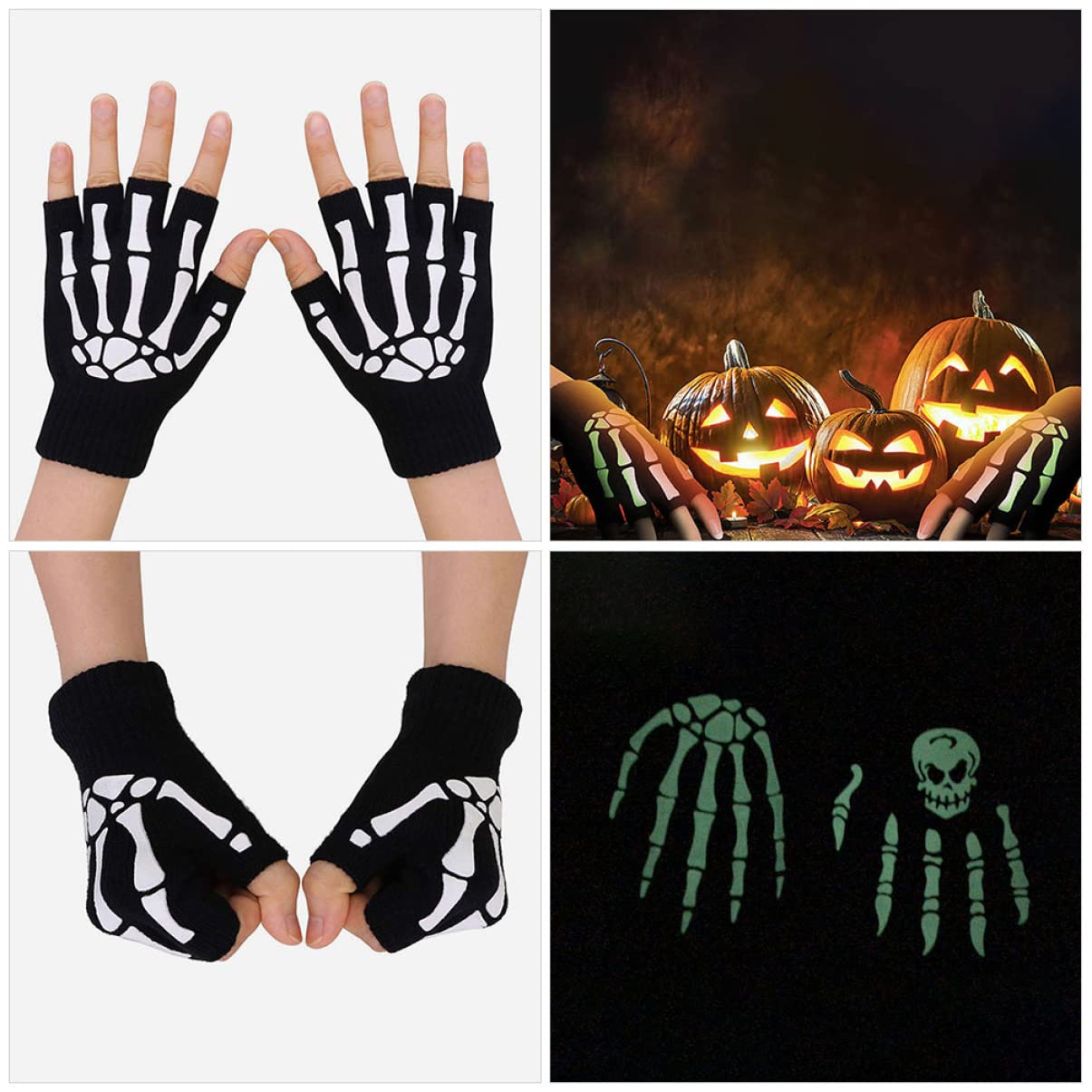 CALLARON Guantes calaveras luminosos guantes negros sin dedos guantes de decoración de halloween fato halloween guantillas guante de ciclismo con estilo guantes luminosos de fiesta