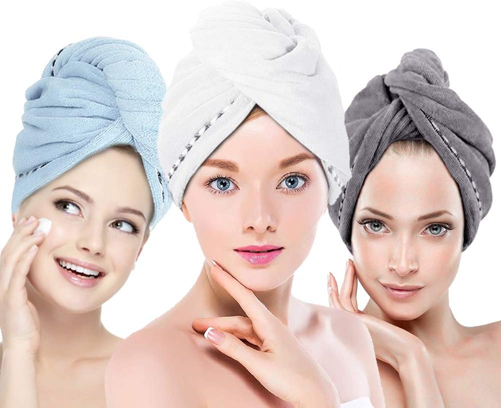 Hair Towel Wrap Turban Microfiber Hair Drying Towels, Quick Magic Hair Dry Hat Cap Twist Head Towel with Button, Quick Dry Super Absorbent for Long & Curly Hair, Anti-Frizz [3 Pack] by UQXY
