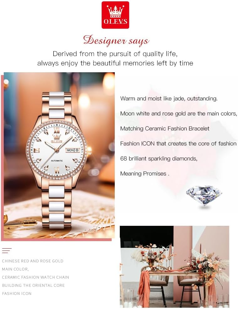 OLEVS Rose Gold Women's Watches, Ceramic Stainless Steel Band, Automatic Mechanical Watch, Waterproof Luminous Pointer Calendar, Diamonds Elegant Watches for Women, Red/Blue/White Dial [No Battery] - Image 8