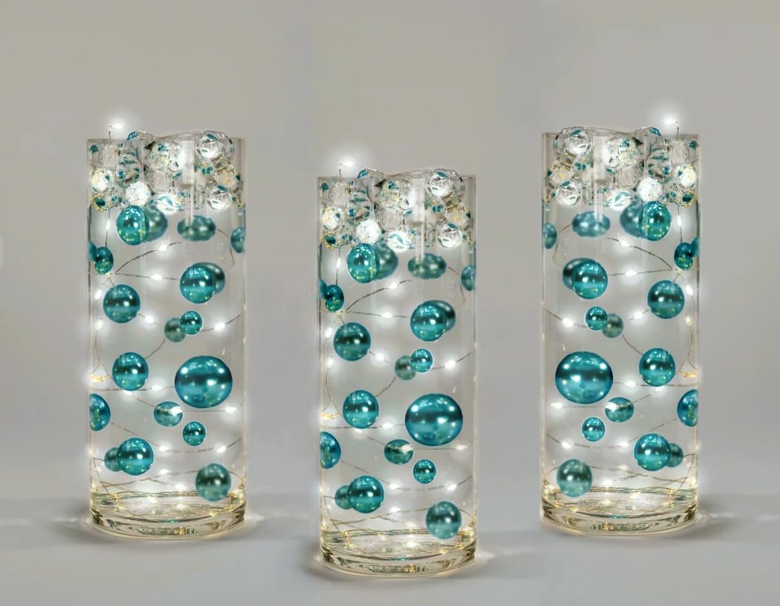 100 Floating Turquoise Blue Pearls with Turquoise Sparkling Gems- Large Sizes- Fills 2 Gallons for Your Vases- with Pre-Measured Prep Bags for Best Results!