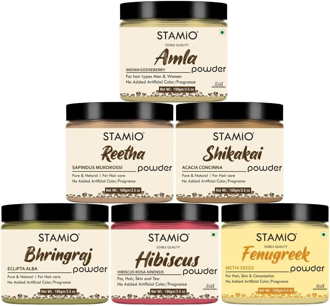 STAMIO Hair Care 6 Products Combo 600 gm - Amla Reetha Shikakai Hibiscus Bhringraj Fenugreek (Methi Dana) Powder for Mask, Pack, Anti-Dandruff, Shine | Natural Powders Kit | In Jar (100gm X 6)