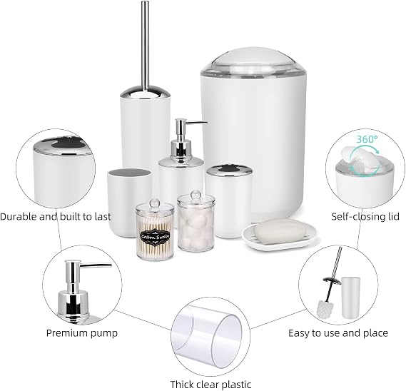 IMAVO Bathroom Accessory Set - 8 Pcs White Set with Trash Can, Soap Dispenser, Soap Dish, Toothbrush Holder, Toothbrush Cup, Toilet Brush Holder, Qtip Dispenser