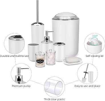 IMAVO Bathroom Accessory Set - 8 Pcs White Set with Trash Can, Soap Dispenser, Soap Dish, Toothbrush Holder, Toothbrush Cup, Toilet Brush Holder, Qtip Dispenser