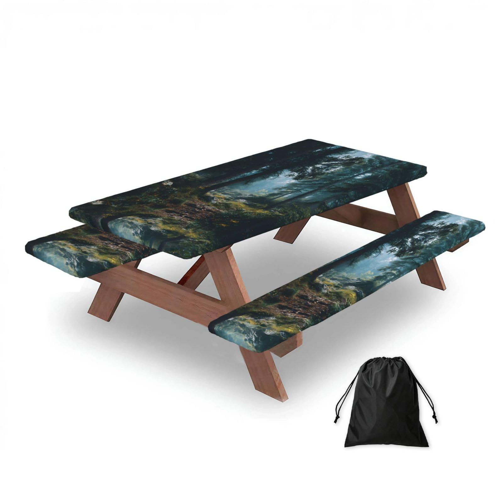 ESNAIUVCD Forest Scenery Print Picnic Table Cover With Bench Covers,Camping Essentials,Fitted Tablecloth Cover With Elastic Edge, For Indoor & Outdoor 3 Pcs