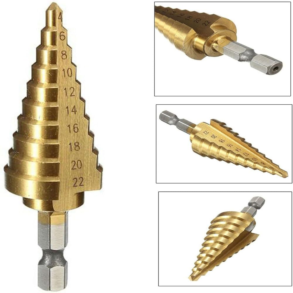 4 - 22mm acier à grande vitesse titane Coated Step Drill High Speed Steel 1 / 4 "poignée hexagonale changement rapide de foret conique métal plastique bois trou fraise