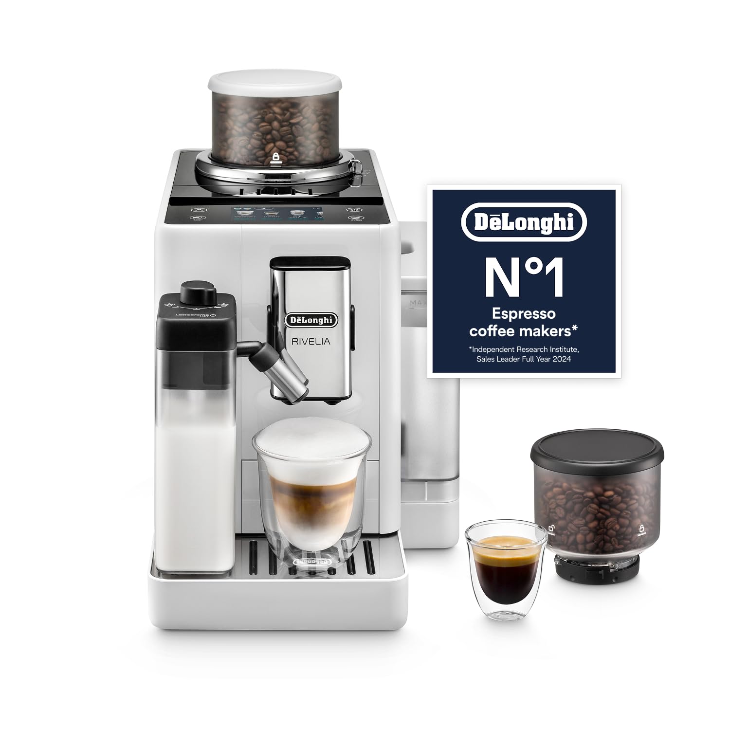 De'Longhi Rivelia EXAM440.55.W, Fully Automatic Coffee Machine with LatteCrema Hot, Automatic Milk Frother, Compact Size Bean to Cup Coffee Machine, 16 Recipes, Touch Colored Display, Arctic White