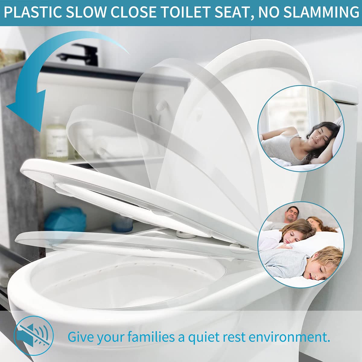 Toilettensitz mit verstellbaren Scharnieren, D-förmige, leicht zu reinigende, rutschfeste Stoßfänger mit Schnellverschluss, 370 x 460 mm, 02R(Yellow)