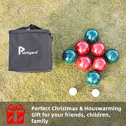 Pointyard 107mm Bocce Ball Set, Official Bocci Ball Set with 8 Resin Bocce Balls,1 Pallino,Nylon Carrying Bag,Measuring Tape - Tournament Adult Bocce Game for Outdoor/Yard/Lawn/Beach (Red and Green)