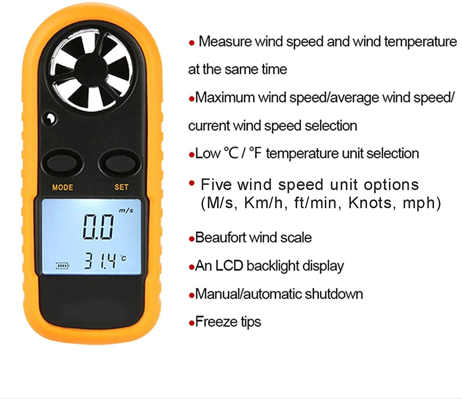 JJJ Misuratore di velocità del Vento Portatile Portatile, misuratore del Vento velocità del Vento/misurazione della Temperatura del Vento, Display a Bassa Tensione, con retroilluminazione LCD