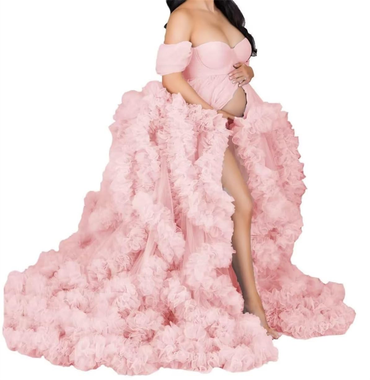 AHERKLL Women's Long Bridal Robes Tulle Lingerie Maternity Bathrobe Photoshoot Illusion Wedding Scarf Party Nightgown ZM004 Blush UK16