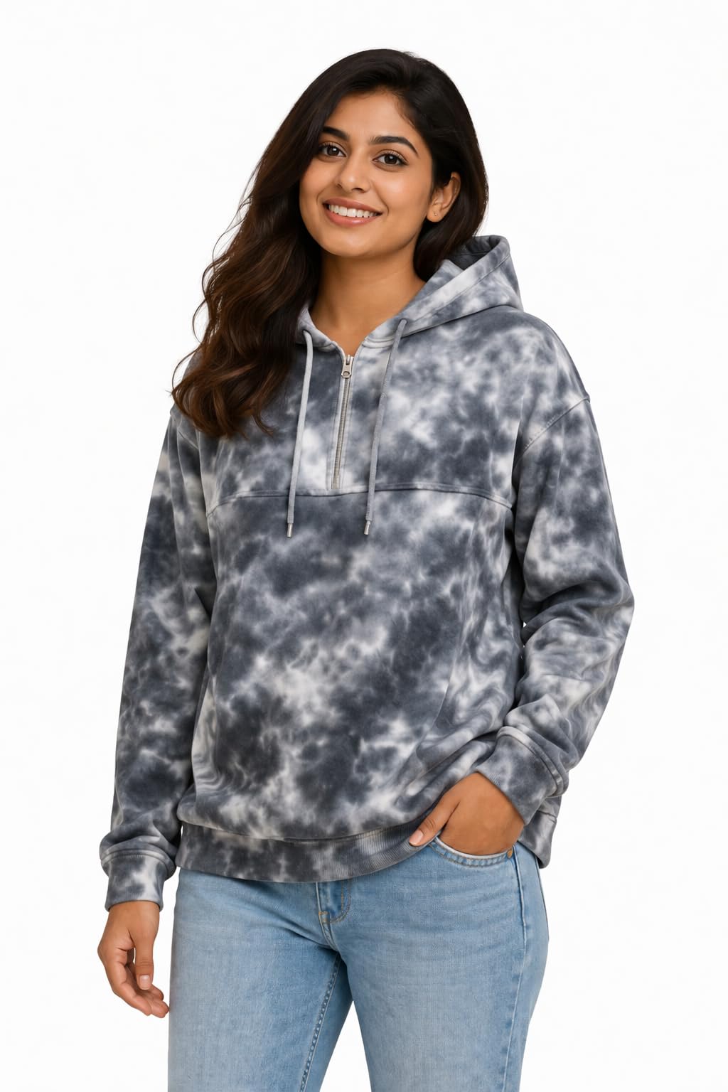 Women's Tie-Dye Hoodie, Grey, Half-Zip Closure, Adjustable Drawstring, Casual Everyday Comfort-picture-43