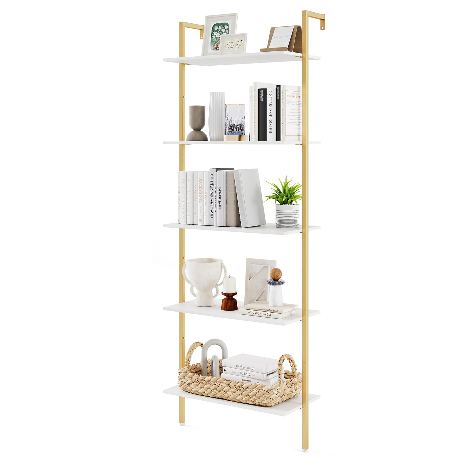 HOMASIS Scaffale a Scala a 5 Livelli, Libreria da Parete con Telaio in Metallo e Piedini Regolabili, Libreria a Muro con Protezione Anti-ribaltamento per Salotto, Ufficio (Bianco, 64 x 30 x 178 cm)