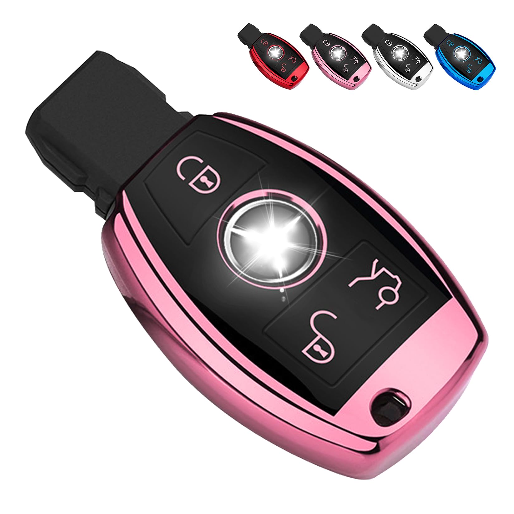 QBUC for Mercedes Benz Key Fob Cover, Key Fob Case for Mercedes Benz C E M S CLS CLK GLK GLC G Class, TPU Full Protection Key Fob Shell Compatible Keyless Smart Key Fob(Pink)