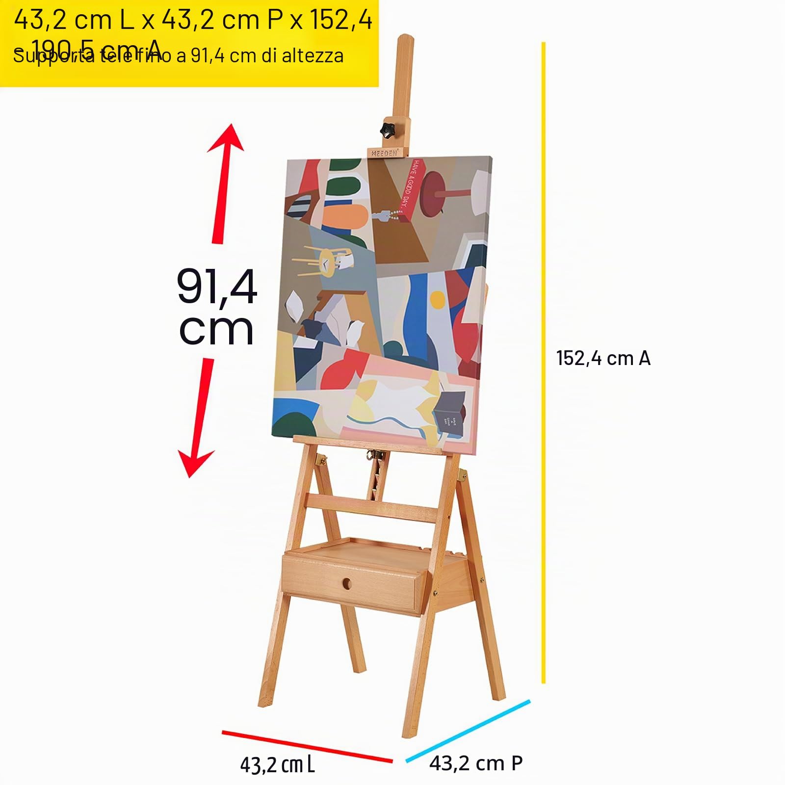 Meeden, cavalletto da studio inclinabile con telaio a H con cassetto per riporre oggetti artistici, regolabile, in legno di faggio massiccio, per artisti, studenti e principianti