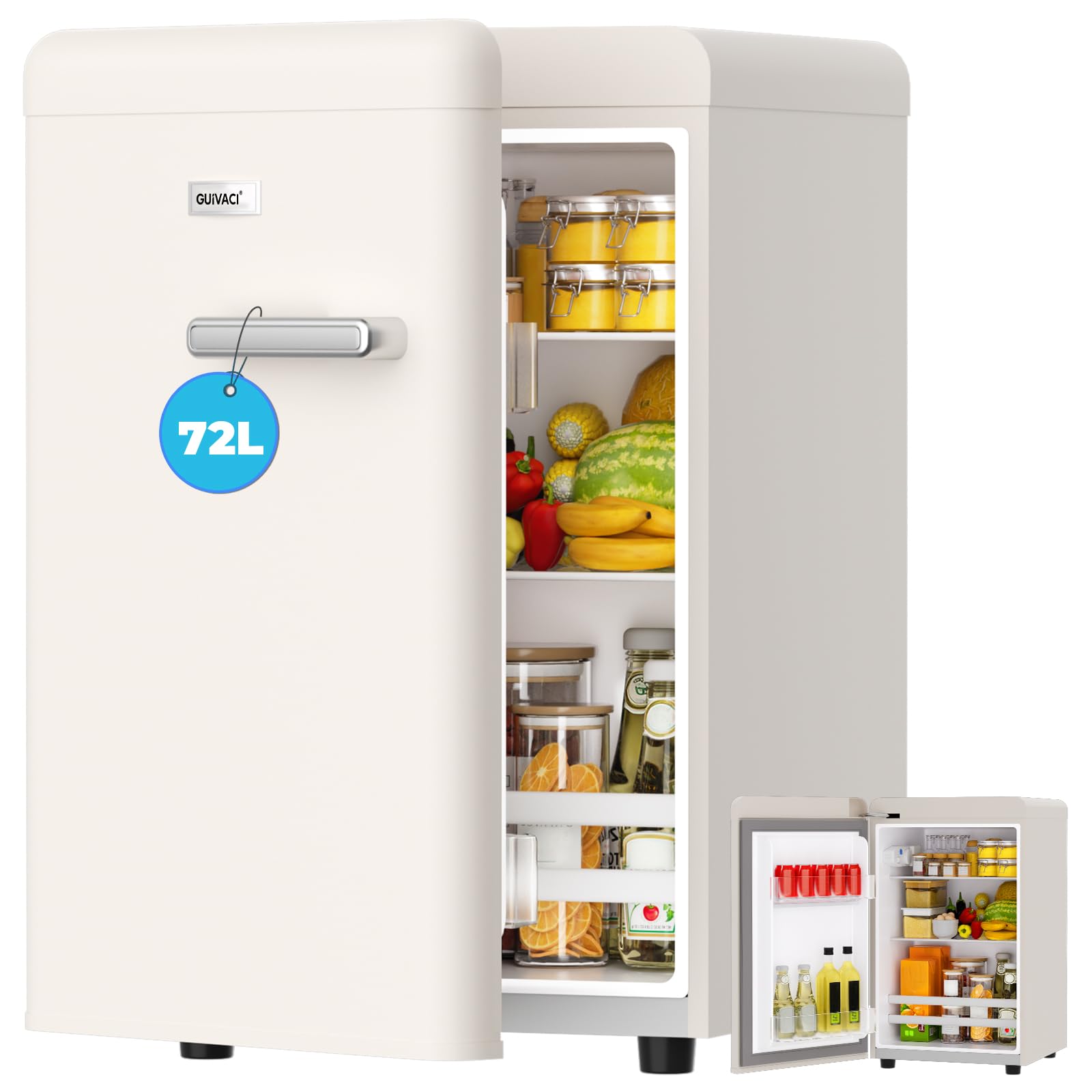 Frigorífico retro de 72 l – Silencioso (43 dB), 7 niveles de refrigeración, iluminación interior LED, para dormitorio, oficina, cocina y bar (blanco)